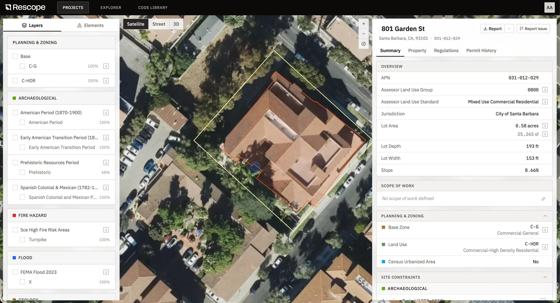Rescope parcel view: a lot outlined on satellite imagery with a panel showing its zoning district, lot area, setbacks, and planning data